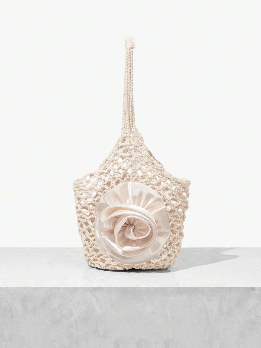 SHEIN SXY 女性純色簡約鉤織肩袋 - 米色 - 查看 1