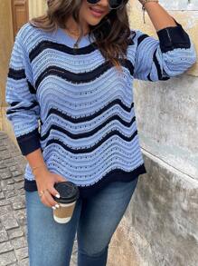 SHEIN LUNE Plus Size Round Neck Color-Block Casual Daily Wear Sweater Pullover