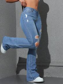 SHEIN EZwear Women's Solid Color Simple Daily Wear Distressed Flared Jeans