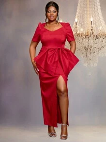 Red Square V-Neck Short Sleeve Dress With Bow Tie - Red - View 6