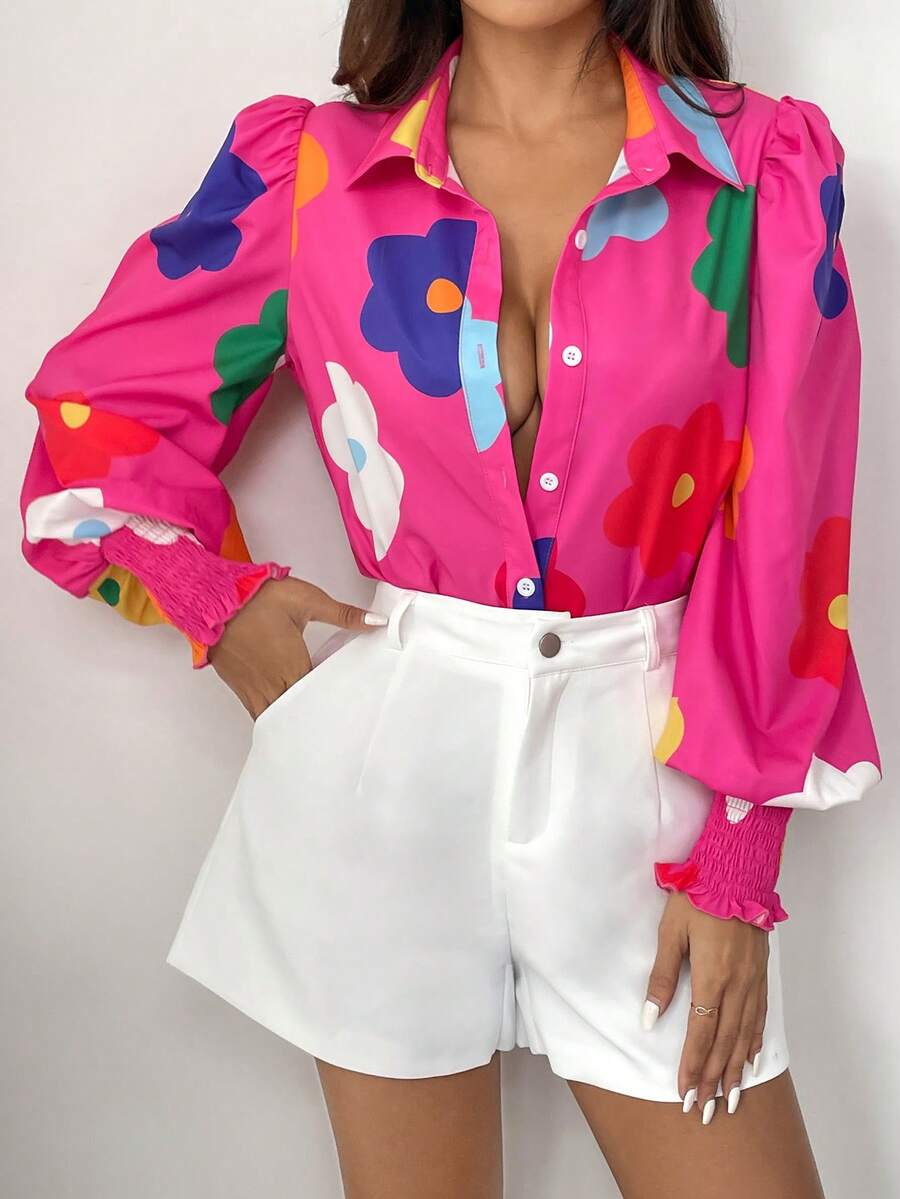 SHEIN LUNE 女士春夏時尚寬鬆燈籠袖花卉印花襯衫 - 玫紅色 - 查看 1