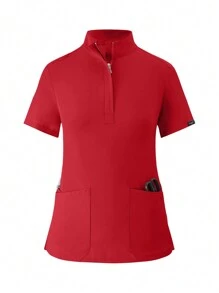 Conjunto de uniforme de enfermería deportivo para correr mate y elástico para mujer con bolsillos, ropa de trabajo transpirable para lavado de manos con bolsillos - Rojo - Ver 3