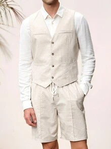 Manfinity VCAY Herren 2-teiliger Anzug aus ärmellosem Jacquard-Weste und Shorts, mit V-Ausschnitt und Knopfleiste. Geeignet für Business oder Lässig Kleidung im Frühling und Sommer