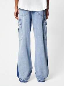 ROMWE MEN Men's Patchwork Color Block Flared Leg Street Casual Cargo Jeans Pants, School - Blue - View 4