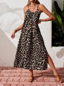 SHEIN Essnce Summer Leopard Print Spaghetti Strap Asymmetric Hem Split Casual Holiday Long Dress,Summer Dresses For Women - Multicolor - View 6