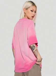 SHEIN EZwear Camiseta de punto pesado para mujer con cuello redondo y hombros caídos con impresión de personaje de dibujos animados de verano