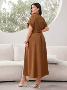 Mulvari Plus Size Solid Color Belted Batwing Sleeve Summer Dress - Brown - View 3