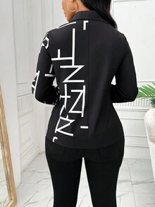 VaVaBold 女士休閒捲袖襯衫，印有字母印花拼接設計，適用於春/夏/秋季 - 黑與白 - 查看 2