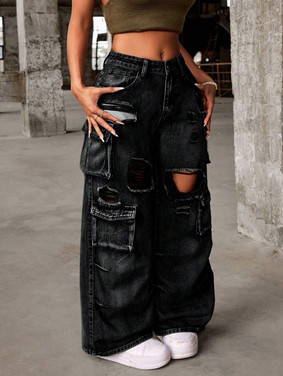 SHEIN PETITE Ladies' Casual Wide-Leg Cargo Jeans With Distressed Holes And Pockets