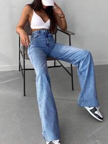 EURMUSE Zipper Fly Straight Leg Jeans - Light Wash - View 4