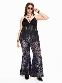 ROMWE 大小碼加厚綿絨月亮蝙蝠印花哥特風寬腿褲 - 彩色 - 查看 4