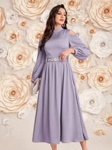 Modelyn Đầm dạ hội dài tay màu trơn cổ đứng khoét rỗng cho nữ - Màu tím - Xem 8