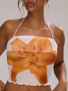 MUSERA Floral Sheer Mesh Halterneck Top Summer Ibiza Going Out Tops