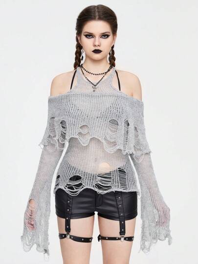 Grunge Punk Pull de mode pour femme avec épaules découvertes et aspect usé