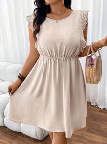 SHEIN Frenchy Plus Size Back To School Lace Sleeve & Texture Patchwork Women's Dress