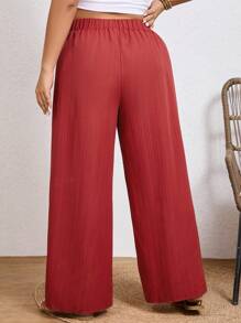 SHEIN Frenchy Plus Quần ống rộng Plisse trơn cho trang phục thường ngày - Gỗ đỏ - Xem 2