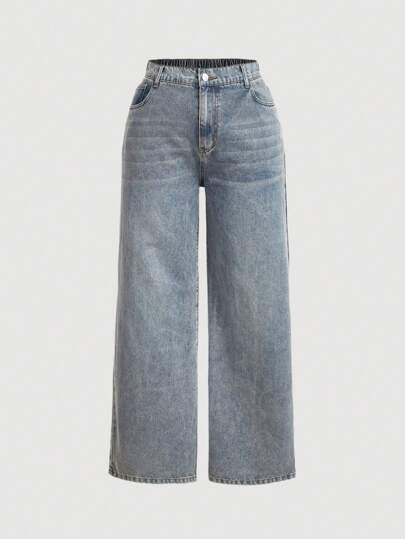 SHEIN MOD Jeans anchos de pierna ancha con estilo callejero sexy, lavados, de corte holgado para mujer talla grande, de vuelta al colegio, para maestras en otoño