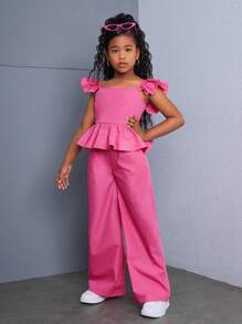 SHEIN Bộ Áo Sơ Mi Tay Có Mũ Màu Hồng Thanh Lịch Hàng Ngày Và Quần Dài Cho Bé Gái Tuổi Teen - Màu Hồng Tươi - Xem 5