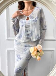 Modelyn Conjunto de 2 piezas de top de manga larga y vestido de tirantes aleatorio para mujer con estampado