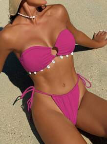 Swim Vcay Conjunto de bikini con tirantes partidos de estilo diario simple para mujer, para la playa de verano - Rosa Fucsia - Ver 1