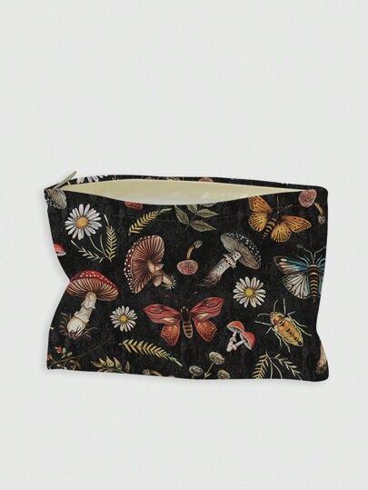 Fairycore حقيبة تجميل قماشية من الكوردوروي المطبوع بنمط فطر وفراشة مزدوجة الجانب