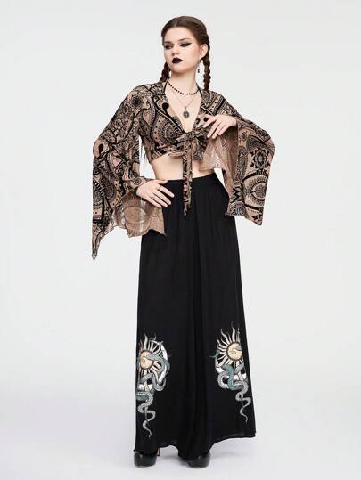 Goth Vintage Blumenmuster Damen Top mit Glockenärmeln und gebundenem Vorderteil für Urlaub