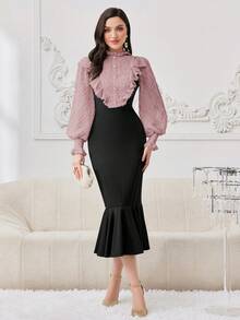 Modelyn 女款拼色立領優雅長袖連衣裙，帶流蘇擺邊 - 粉色 - 查看 6