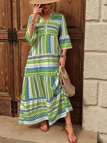 Breezaya Vestido estampado de manga 3/4 con escote en V para mujer