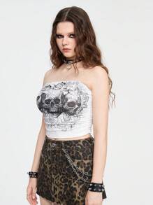 ROMWE Top feminino sem alças estampado com caveira e rosa no estilo Dark Gothic, com embelezamento de glitter e pedras de strass brilhantes - Branco - Visão 4