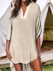 SHEIN Swim Notched Neckline Batwing Sleeve Cover Up Dress For Summer Beach - Apricot - View 3