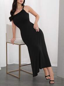 Mulvari 女士素色修身細帶長裙，適合日常休閒穿著 - 黑色 - 查看 6