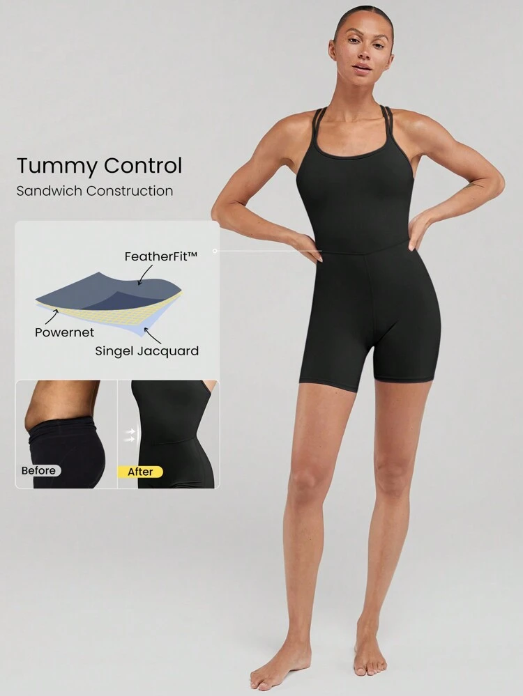 6" FeatherFit™ Strap It Good Tummy Control Crisscross Strap Open Back Movement Romper Bodysuit Light Support Low Impact Yoga Pilates Studio Summer