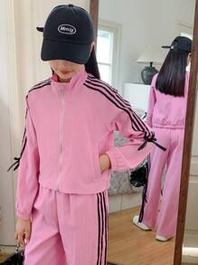 SHEIN Tween Girl 编织缎带蝴蝶结短夹克 + 阔腿长裤两件套 - 粉色 - 查看 6