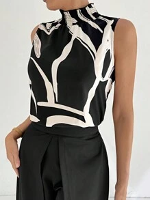 SHEIN Privé Women's High-Neck Sleeveless Printed Top With Ruffled Edges, Casual Wear - Multicolor - View 5