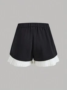 SHEIN Privé Falda pantalón negra de mujer con contraste de colores y cintura alta acampanada - Blanco y Negro - Ver 3