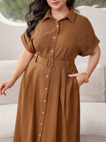 Mulvari Plus Size Solid Color Belted Batwing Sleeve Summer Dress - Brown - View 2