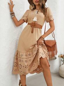 SHEIN VCAY Women's Bohemian Fringed Rope Belt A-Line Vacation Dress With Deep V-Neck - Apricot - View 4