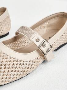 Styleloop Women's Casual Round Toe Flat Shoes, Beige Woven Mesh Fabric, Fashion Minimalist Design, Comfortable Breathable Buckle Strap Loafers Spring Shoes Spring Break Easter