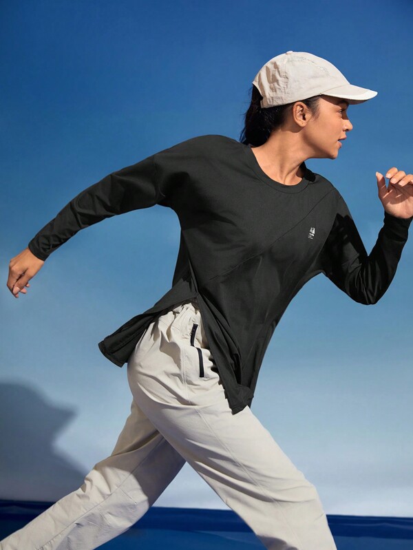 In My Nature In My Nature Ladies' Solid Color Round Neck Split Hem Long Sleeve Outdoor T-Shirt Plain T Shirt Hiking Women Clothes