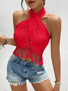 SHEIN VCAY Holiday Lace Splice Cross Strap Women's Tank Top - Red - View 6