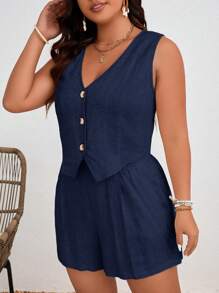 SHEIN Frenchy Estate vacanza casual anteriore-pulsante gilet e pantaloncini con tasche taglie forti 2 pezzi/set - Blu Navy - Visualizzare 4