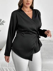 SHEIN Privé Große Größen schwarze Lässig Wickel Krawatte geraffte Einfarbige Bluse mit gekrümmtem Saum und Langarm, bequem und elegant, geeignet für Frühling und Herbst