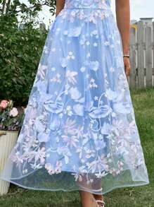 SHEIN Belle Đầm lưới thêu thanh lịch dành cho nữ - Màu xanh nhạt - Xem 6