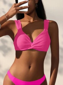 SHEIN Swim 女性夏季海灘純色紋理扭結背部綁定比基尼上衣 - 玫紅色 - 查看 5