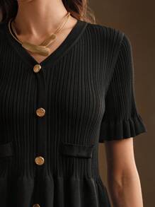 Anewsta 女士优雅 V 领黑色针织毛衣 - 黑色 - 查看 2