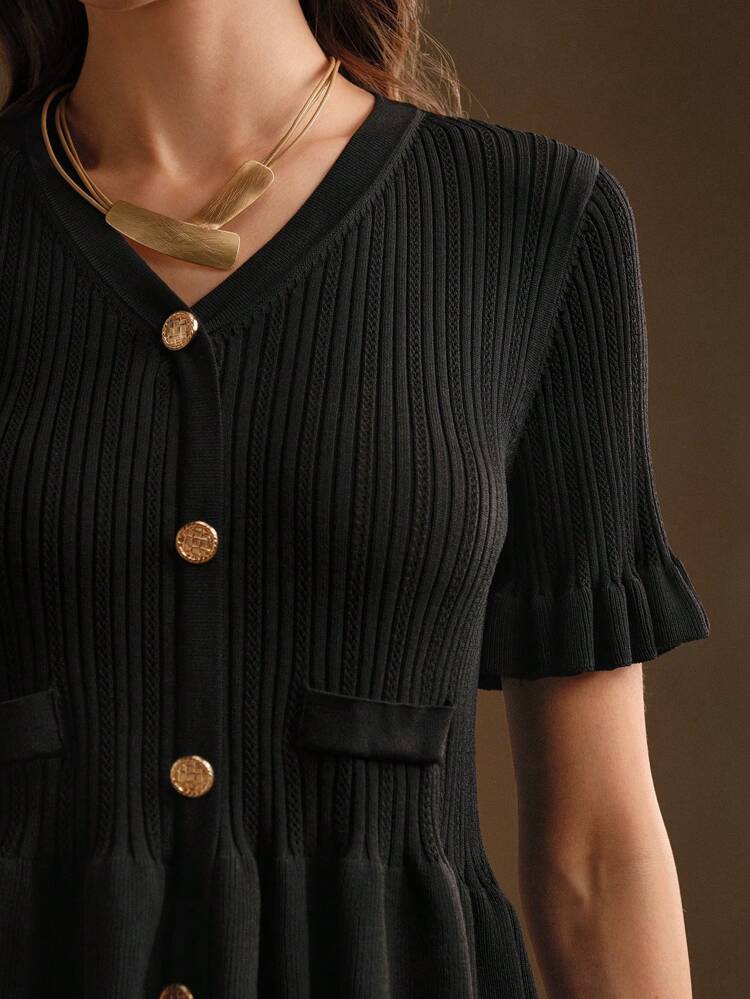 Women Elegant V-Neck Black Knitted Sweater