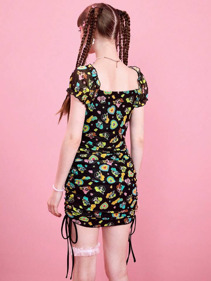 cartoon bodycon dress Our The Powerpuff Girls | ROMWE Women's Sexy And Cute Cartoon Figure  Graphic Contrast Lace Bodycon Dress, School is such a vibe