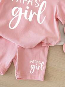SHEIN Bộ áo thun ngắn tay và quần short in chữ đơn giản thường ngày cho bé gái, thích hợp cho mùa hè - Hồng - Xem 4