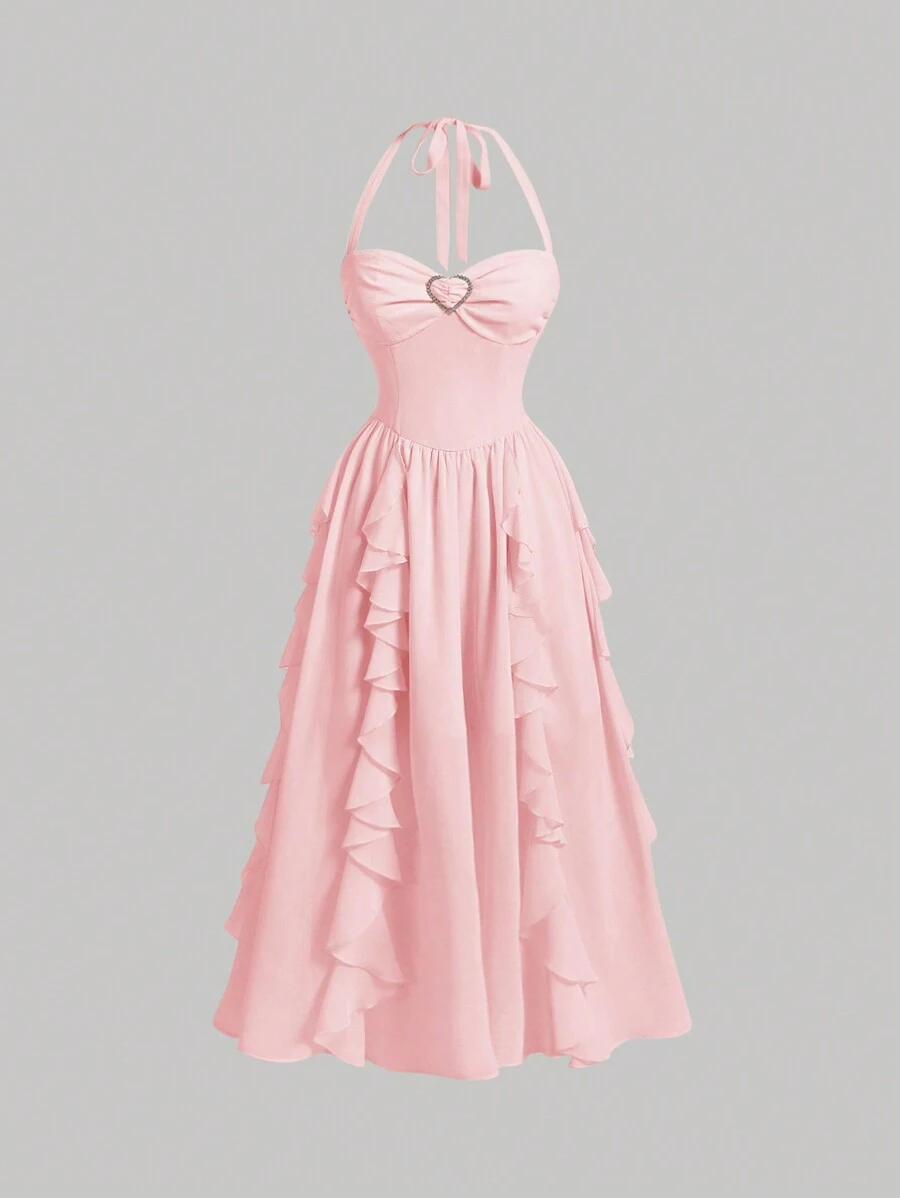 SHEIN MOD Vestido largo de cuello halter con volantes en la cintura, unicolor rosa, sin mangas, con bajo con forma de corazón de algas, para brunch, cumpleaños, vestido formal/de noche - Rosa - Ver 1