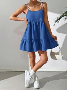 SHEIN EZwear Blue Casual Spaghetti Strap Backless Babydoll Dress